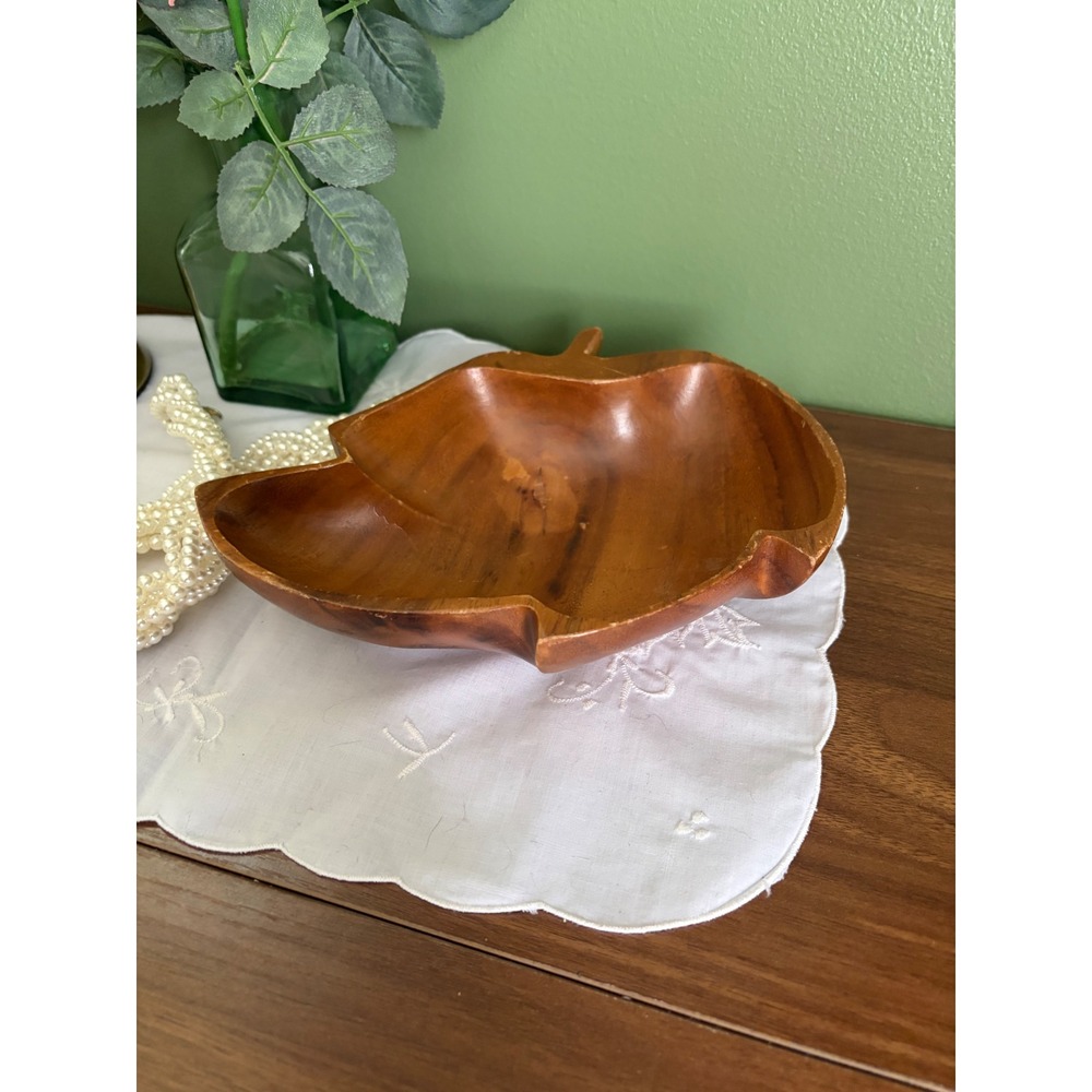 Vintage Wooden Leaf Bowl, Carved Organic Shape Catchall